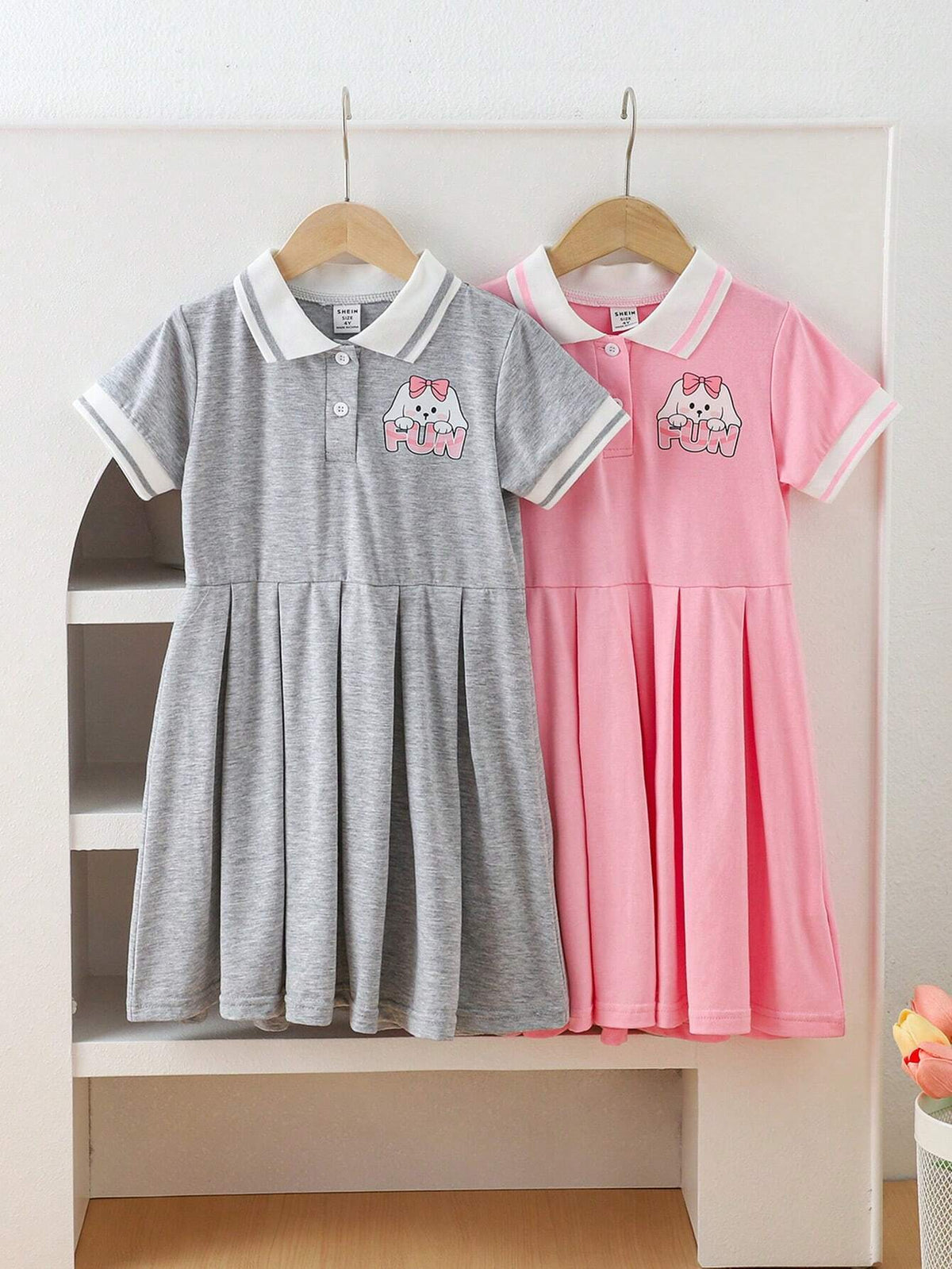 2pcs Toddler Girls' Casual Cute Puppy Lapel Short Sleeve Dress Set, Back-To-School Season