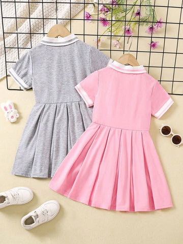 2pcs Toddler Girls' Casual Cute Puppy Lapel Short Sleeve Dress Set, Back-To-School Season