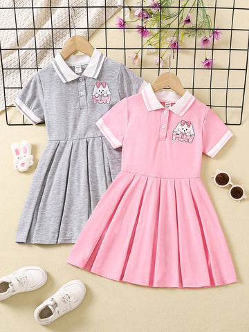 2pcs Toddler Girls' Casual Cute Puppy Lapel Short Sleeve Dress Set, Back-To-School Season
