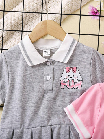 2pcs Toddler Girls' Casual Cute Puppy Lapel Short Sleeve Dress Set, Back-To-School Season