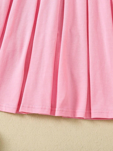 2pcs Toddler Girls' Casual Cute Puppy Lapel Short Sleeve Dress Set, Back-To-School Season