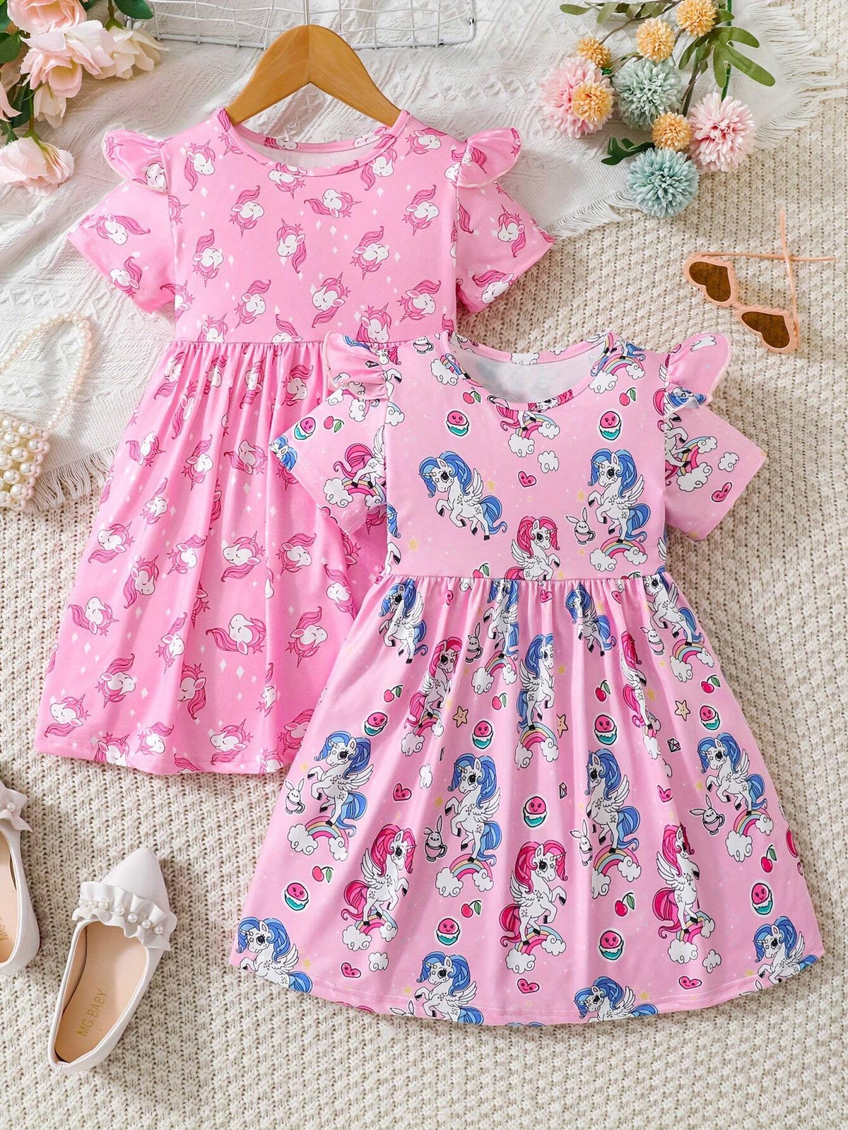 2pcs Toddler Girls' Casual Unicorn Printed Short Sleeve Dress