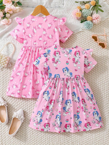 2pcs Toddler Girls' Casual Unicorn Printed Short Sleeve Dress
