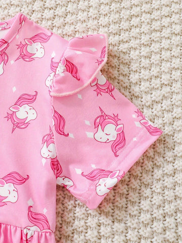 2pcs Toddler Girls' Casual Unicorn Printed Short Sleeve Dress