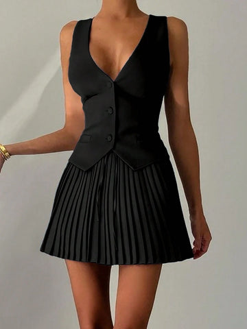 2pcs Women Casual Business Slim Fit V-Neck Vest Jacket And Short Pleated Skirt Set, Dress Up With Blazer, Suitable For Spring/Summer Commuter