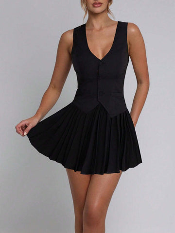 2pcs Women Casual Business Slim Fit V-Neck Vest Jacket And Short Pleated Skirt Set, Dress Up With Blazer, Suitable For Spring/Summer Commuter