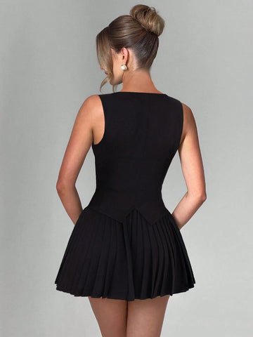 2pcs Women Casual Business Slim Fit V-Neck Vest Jacket And Short Pleated Skirt Set, Dress Up With Blazer, Suitable For Spring/Summer Commuter