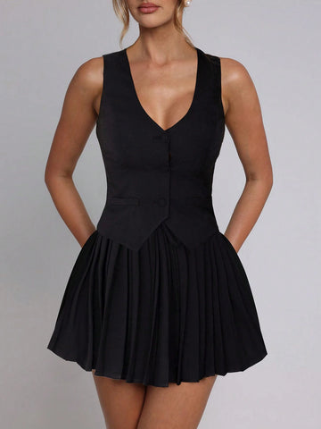 2pcs Women Casual Business Slim Fit V-Neck Vest Jacket And Short Pleated Skirt Set, Dress Up With Blazer, Suitable For Spring/Summer Commuter