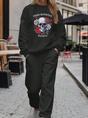 2pcs Women Casual Rose & Skull Graphic Sweatshirt Set