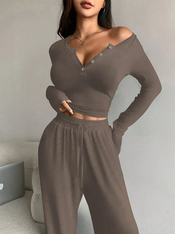 2pcs Women Casual Sports Set, Women Solid Color Camel 2-Piece Set, V-Neck Button-Up Top And Pants With Drawstring