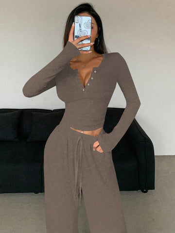 2pcs Women Casual Sports Set, Women Solid Color Camel 2-Piece Set, V-Neck Button-Up Top And Pants With Drawstring