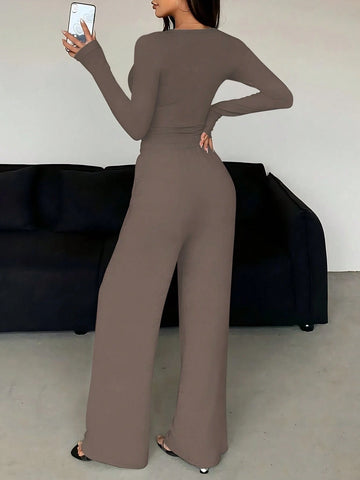 2pcs Women Casual Sports Set, Women Solid Color Camel 2-Piece Set, V-Neck Button-Up Top And Pants With Drawstring