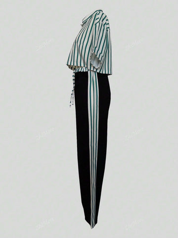 2pcs Women Casual Striped Polo Collar Short Sleeve Shirt With Pockets And Drawstring Waist Straight Leg Pants Set, Spring Summer