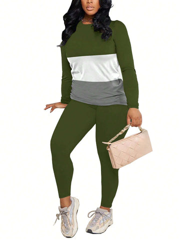 2pcs Women Contrast Stripe Round Neck Fitted Top And Pants Casual Suit For Autumn