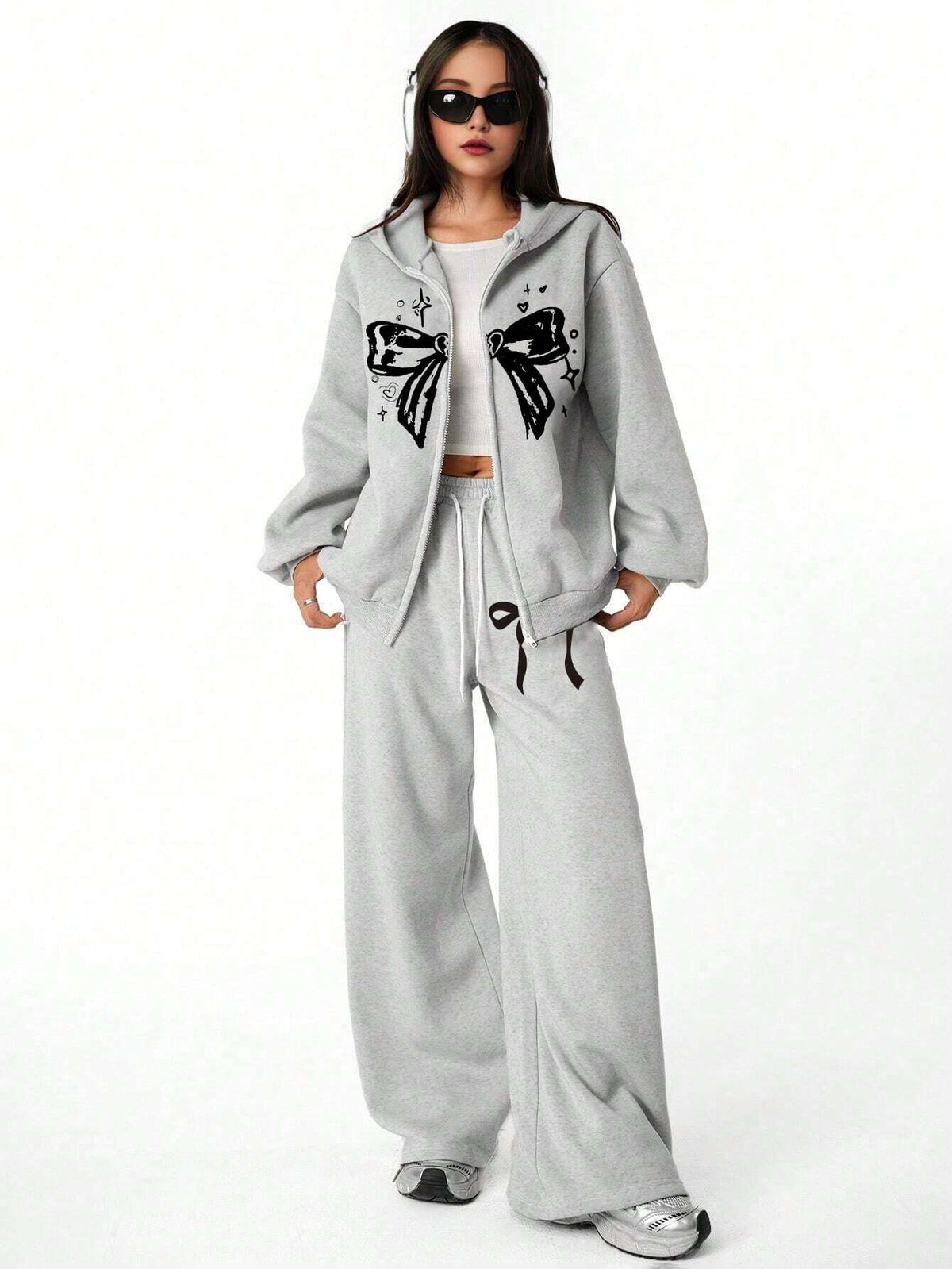 2pcs Women Fashion Casual Street Style Bow Print Zipper Hoodie Sweatshirt And Straight Leg Sweatpants Suit