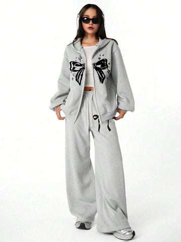2pcs Women Fashion Casual Street Style Bow Print Zipper Hoodie Sweatshirt And Straight Leg Sweatpants Suit