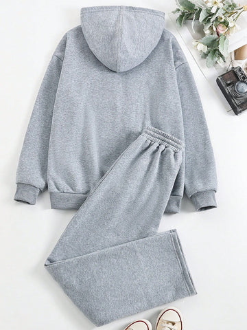 2pcs Women Fashion Casual Street Style Bow Print Zipper Hoodie Sweatshirt And Straight Leg Sweatpants Suit
