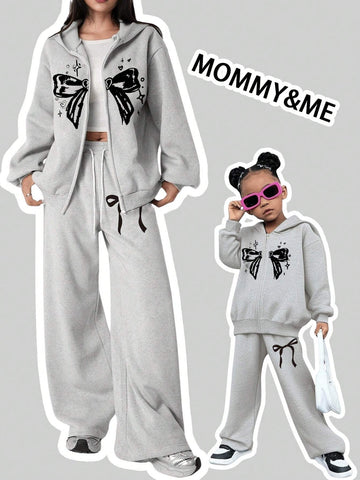 2pcs Women Fashion Casual Street Style Bow Print Zipper Hoodie Sweatshirt And Straight Leg Sweatpants Suit