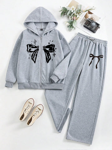 2pcs Women Fashion Casual Street Style Bow Print Zipper Hoodie Sweatshirt And Straight Leg Sweatpants Suit