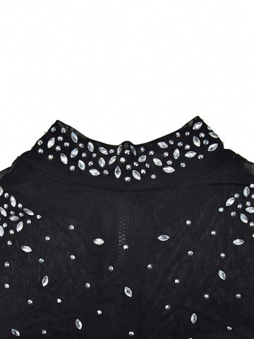 2pcs Women Party Wear Rhinestone Decor Mesh Long Sleeve Cropped Top And Skinny Pants Set