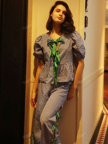 2pcs Women Plaid Print Round Neck Bowknot Decor Ruffle Hem Top And Pants Casual Set