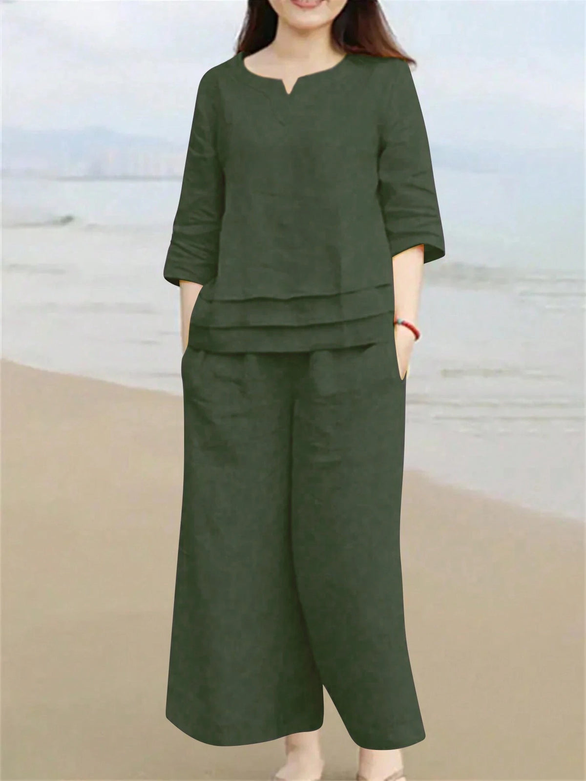 Solid Notched Neckline Top & Wide Leg Pants , Linen Clothes Women