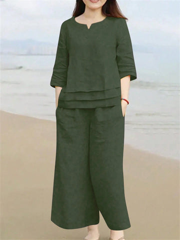 Solid Notched Neckline Top & Wide Leg Pants , Linen Clothes Women