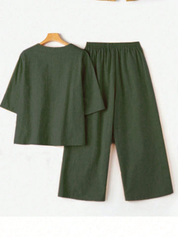 Solid Notched Neckline Top & Wide Leg Pants , Linen Clothes Women