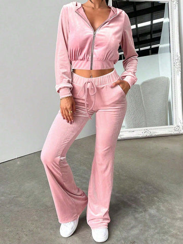 2pcs Women Solid Color Zipper Long Sleeve Top And Drawstring Pocket Pants Set, Fashion Fleece Lined Sports Outfit, Autumn/Winter