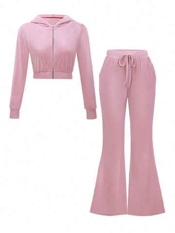 2pcs Women Solid Color Zipper Long Sleeve Top And Drawstring Pocket Pants Set, Fashion Fleece Lined Sports Outfit, Autumn/Winter
