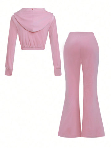 2pcs Women Solid Color Zipper Long Sleeve Top And Drawstring Pocket Pants Set, Fashion Fleece Lined Sports Outfit, Autumn/Winter