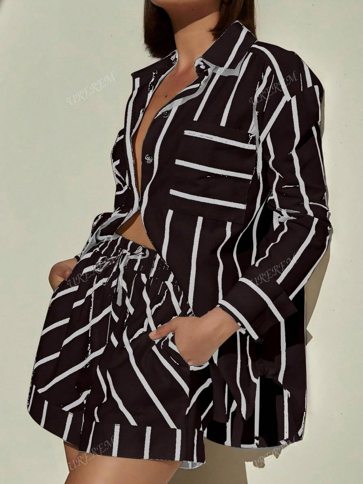 2pcs Women Striped Long Sleeve Shirt Top And Shorts Set