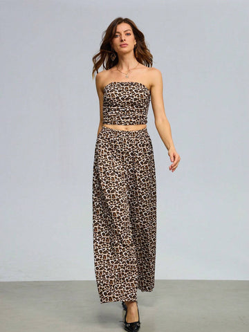 2pcs Women's Bohemian Leopard Print Bandeau And Pants Set