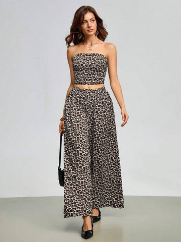 2pcs Women's Bohemian Leopard Print Bandeau And Pants Set