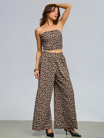 2pcs Women's Bohemian Leopard Print Bandeau And Pants Set