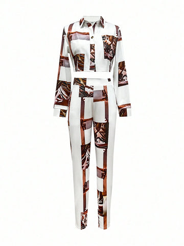2pcs Women's Casual Random Print Front Button Long Sleeve Blouse And Pocket Decorated Long Pants Set