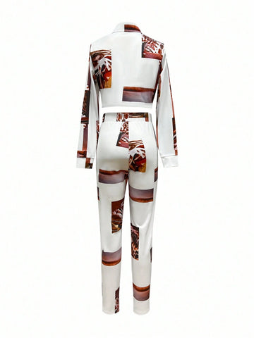 2pcs Women's Casual Random Print Front Button Long Sleeve Blouse And Pocket Decorated Long Pants Set