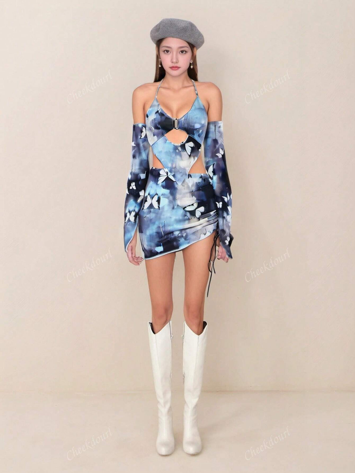 2pcs Women's Fashion Tie-Dye Butterfly Print Halter Tank Top And Mini Skirt Set With Sleeve Cuffs, 2024 New Style