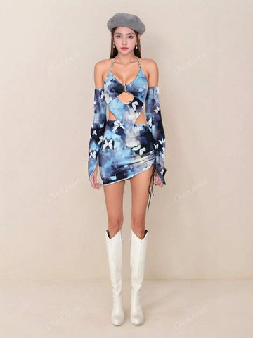 2pcs Women's Fashion Tie-Dye Butterfly Print Halter Tank Top And Mini Skirt Set With Sleeve Cuffs, 2024 New Style