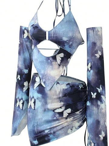 2pcs Women's Fashion Tie-Dye Butterfly Print Halter Tank Top And Mini Skirt Set With Sleeve Cuffs, 2024 New Style