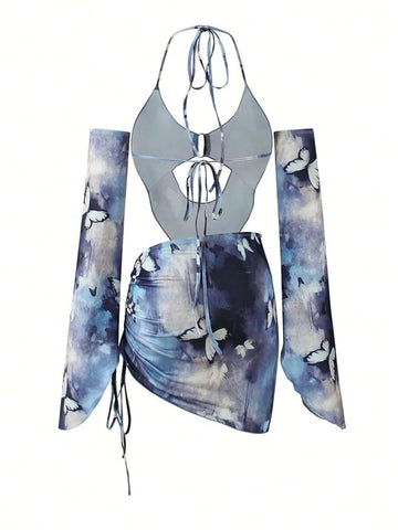 2pcs Women's Fashion Tie-Dye Butterfly Print Halter Tank Top And Mini Skirt Set With Sleeve Cuffs, 2024 New Style