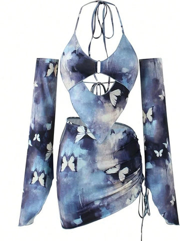 2pcs Women's Fashion Tie-Dye Butterfly Print Halter Tank Top And Mini Skirt Set With Sleeve Cuffs, 2024 New Style