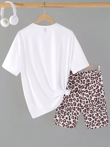 2pcs Women's Fashionable Western Style Cowboy Alphabet Print Short Sleeve T-Shirt + Cycling Shorts Set