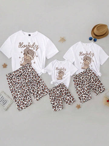 2pcs Women's Fashionable Western Style Cowboy Alphabet Print Short Sleeve T-Shirt + Cycling Shorts Set