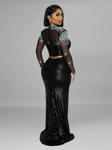 2pcs Women's Sequins & Mesh Patchwork Elegant Long Sleeve Top & Skirt Party Outfit Sets (With Shoulder Pad)