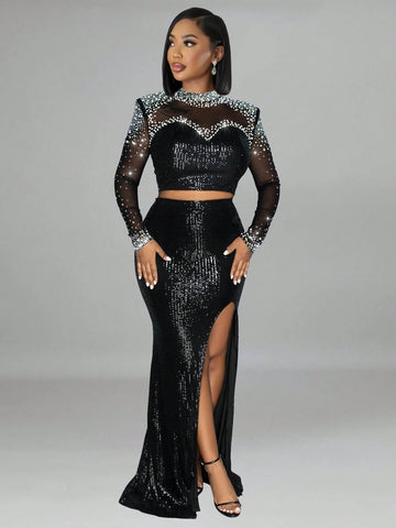 2pcs Women's Sequins & Mesh Patchwork Elegant Long Sleeve Top & Skirt Party Outfit Sets (With Shoulder Pad)