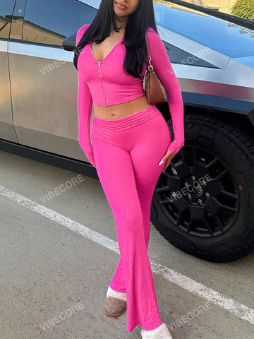 2pcs Women's Solid Color Simple Long Sleeve Top And Pants Set, Casual