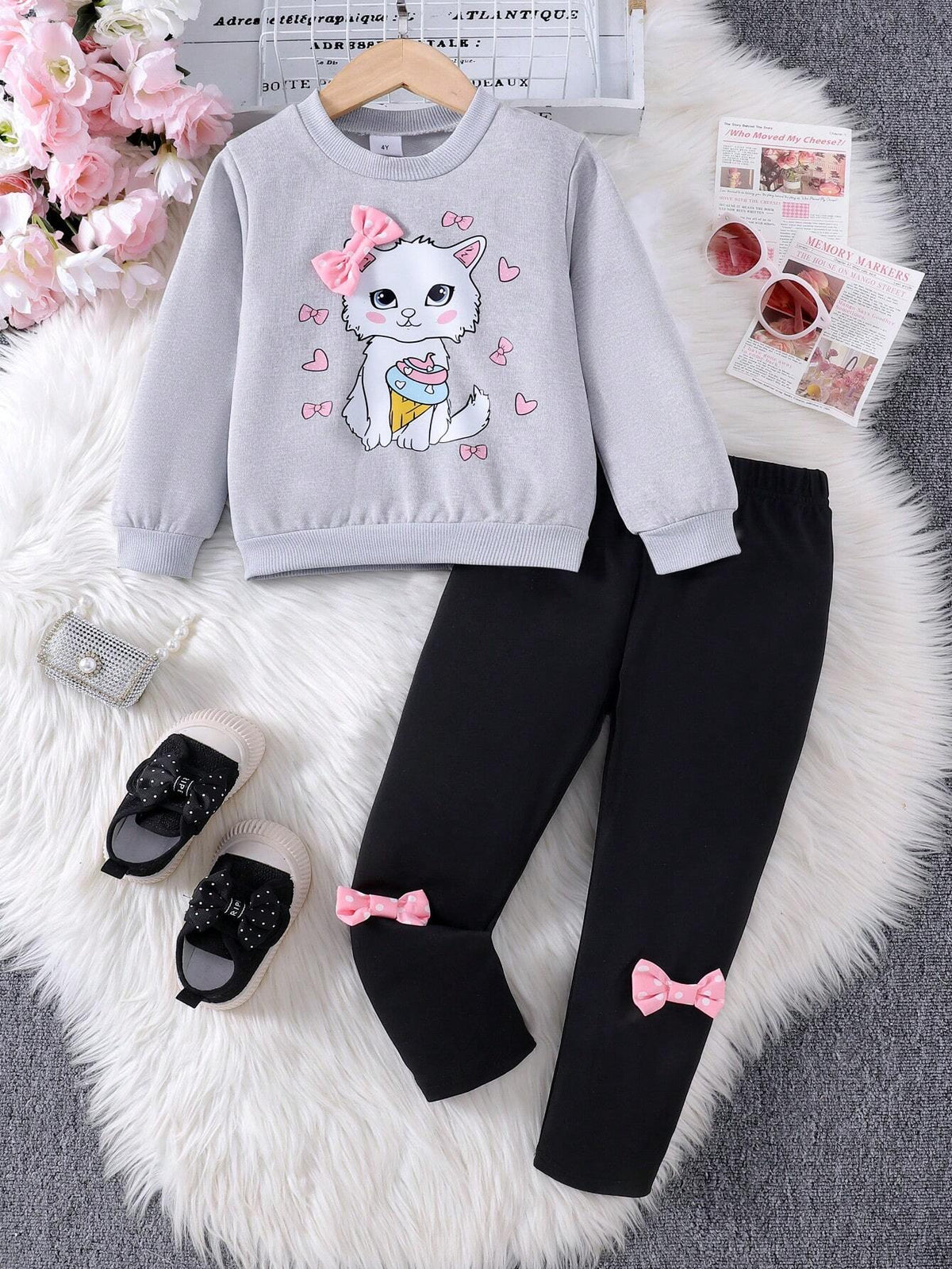 2pcs Young Girl' Adorable Cat Print Sweatshirt And Bow Decorated Pants Set, Spring And Autumn