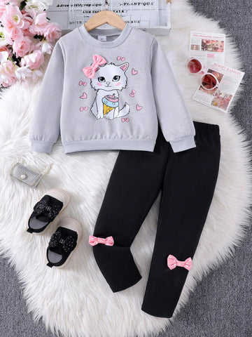 2pcs Young Girl' Adorable Cat Print Sweatshirt And Bow Decorated Pants Set, Spring And Autumn