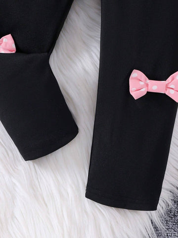 2pcs Young Girl' Adorable Cat Print Sweatshirt And Bow Decorated Pants Set, Spring And Autumn